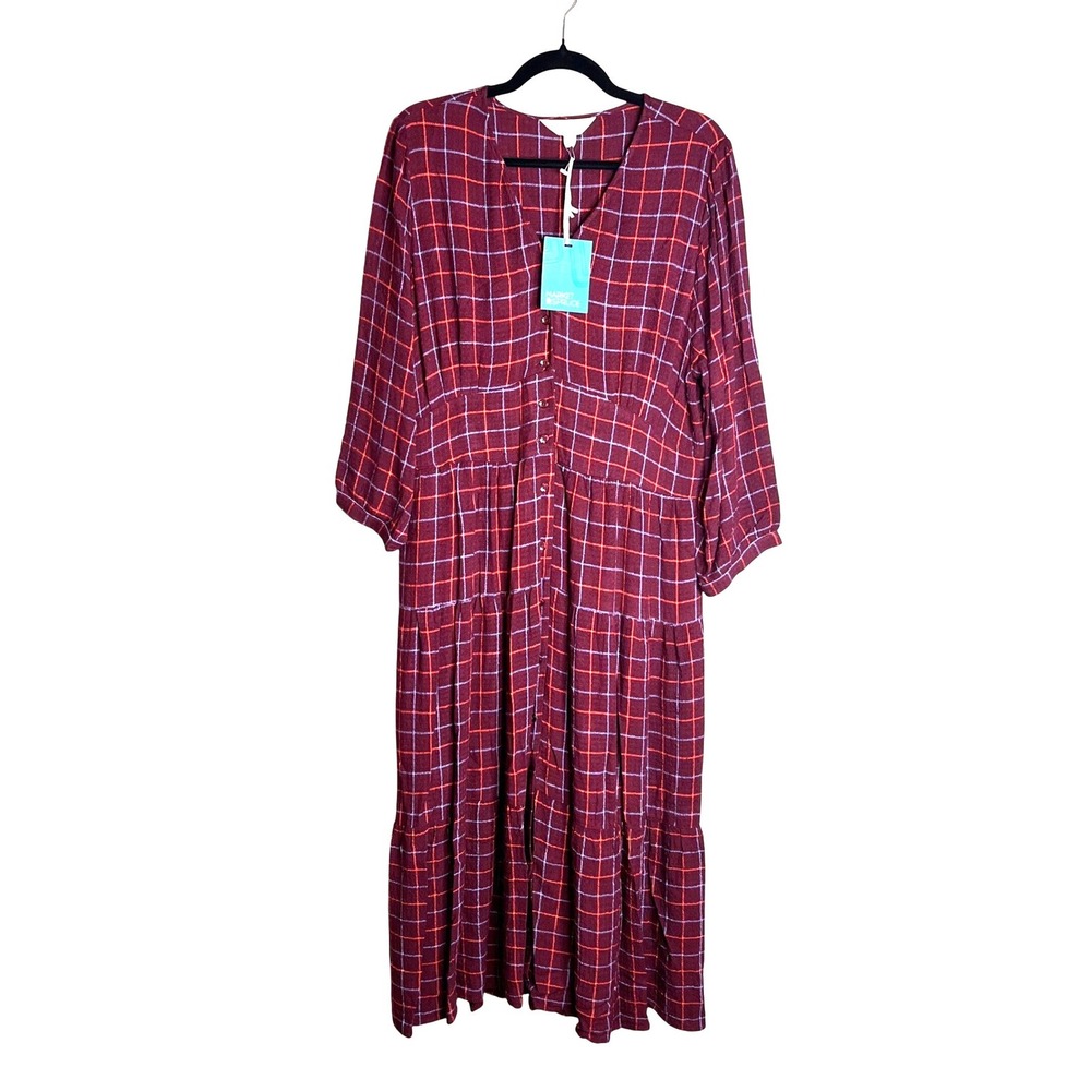 Market & Spruce Plaid Midi Dress Size L Tiered V-Neck Button Front Boho NWT